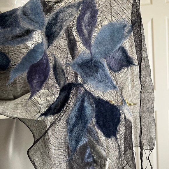 Silk and Felted Wool Scarf - Blues and Black - Picture 13 of 15
